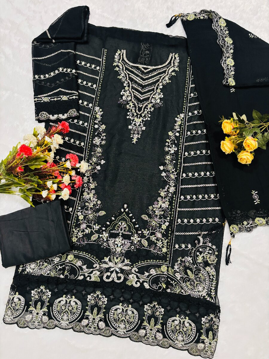 Black Chiffon Embroidery Zari Sequins Wedding Party Festival Casual Palazzo Pant Salwar Kameez