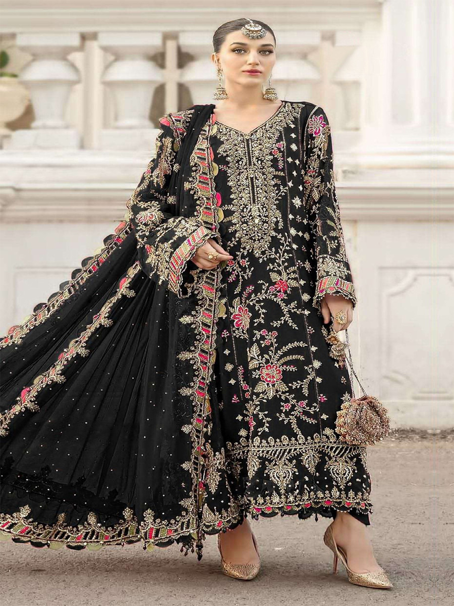 Black Chiffon Embroidery Zari Sequins Wedding Party Festival Engagement Pant Salwar Kameez