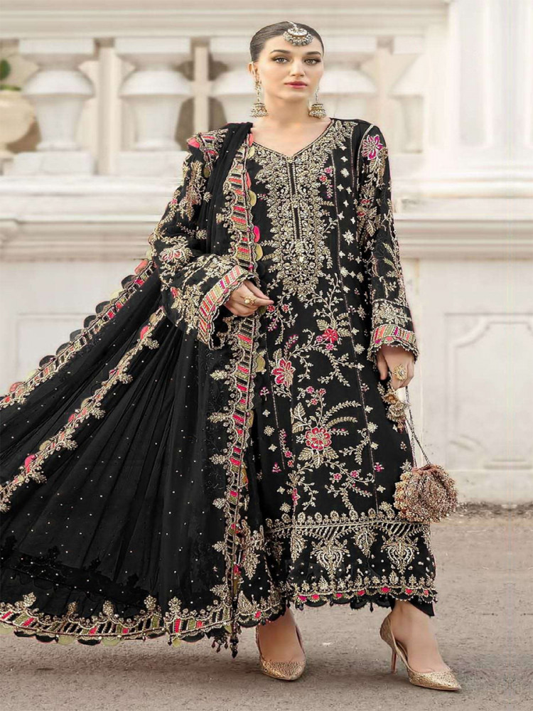 Image of Black Chiffon Embroidery Zari Sequins Wedding Party Festival Engagement Pant Salwar Kameez