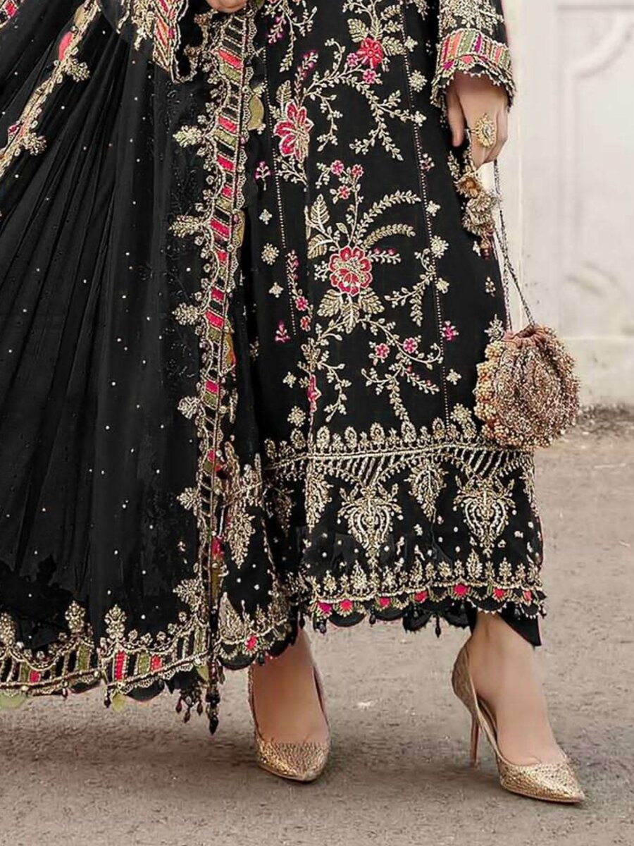 Black Chiffon Embroidery Zari Sequins Wedding Party Festival Engagement Pant Salwar Kameez