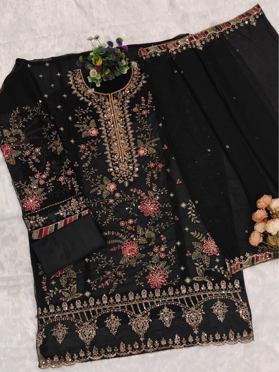 Black Chiffon Embroidery Zari Sequins Wedding Party Festival Engagement Pant Salwar Kameez