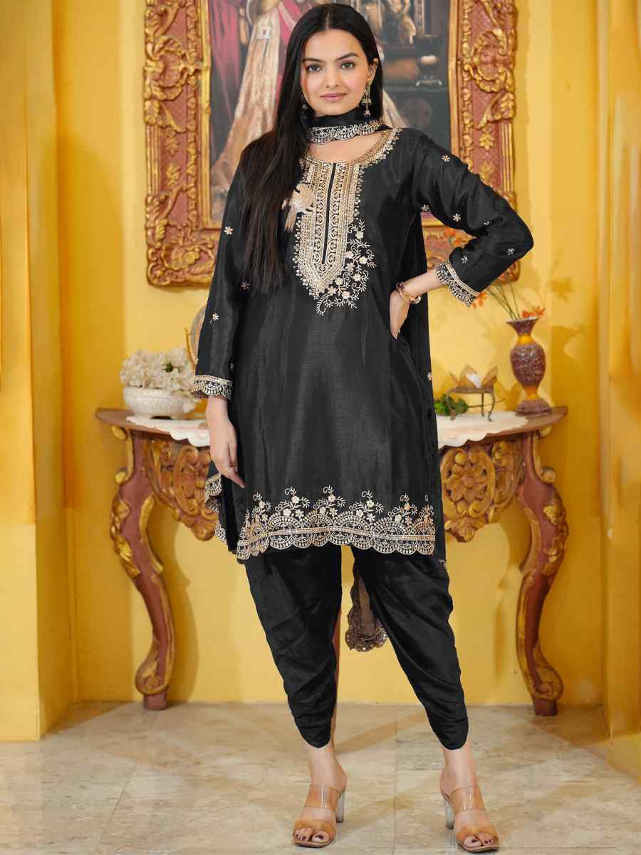 Black Chinon Embroidered Festival Casual Ready Doti Pant Salwar Kameez