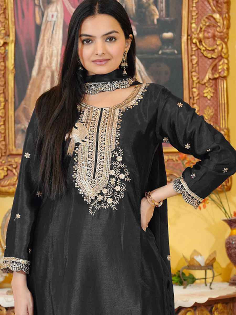 Black Chinon Embroidered Festival Casual Ready Doti Pant Salwar Kameez