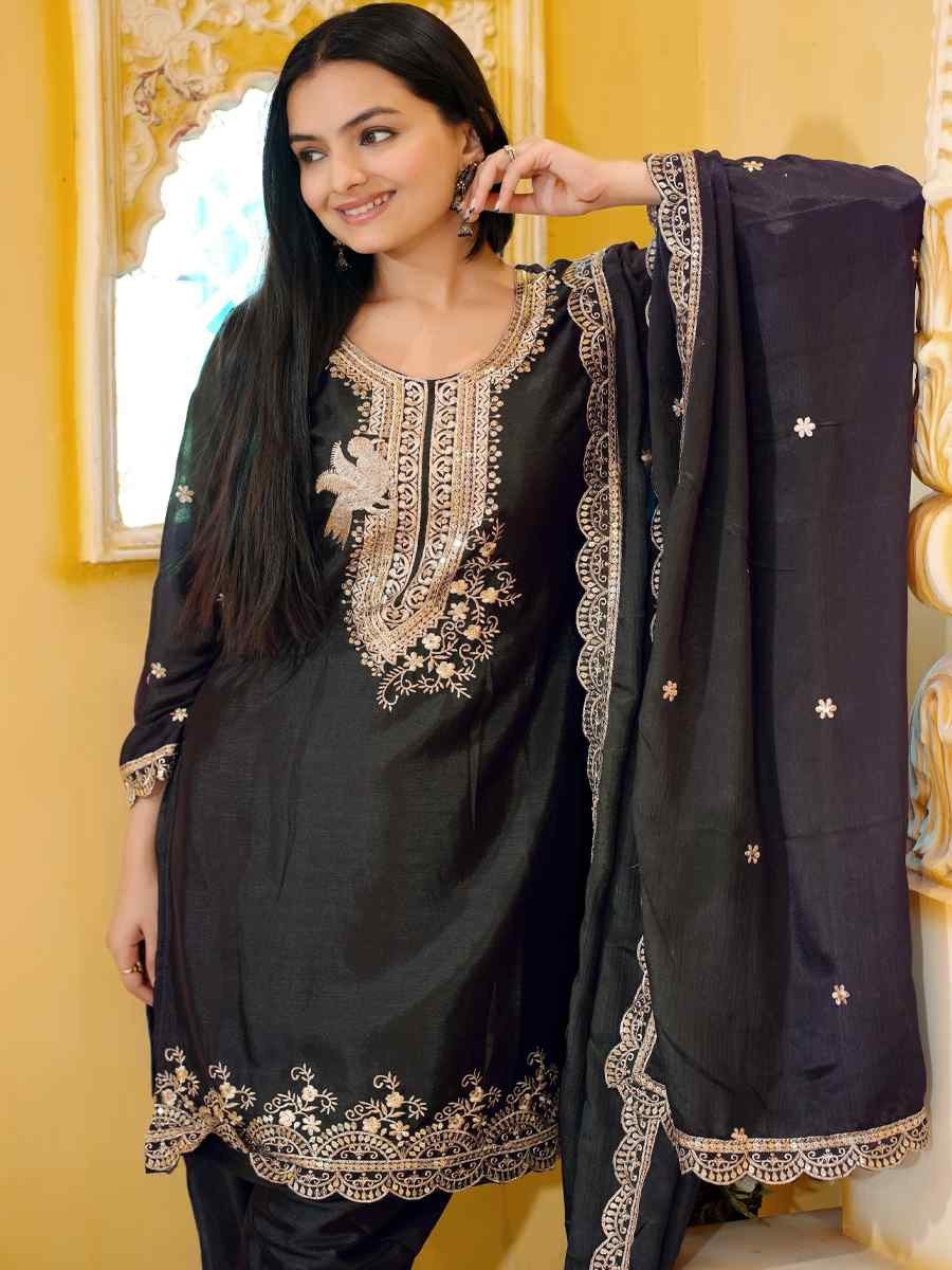 Black Chinon Embroidered Festival Casual Ready Doti Pant Salwar Kameez