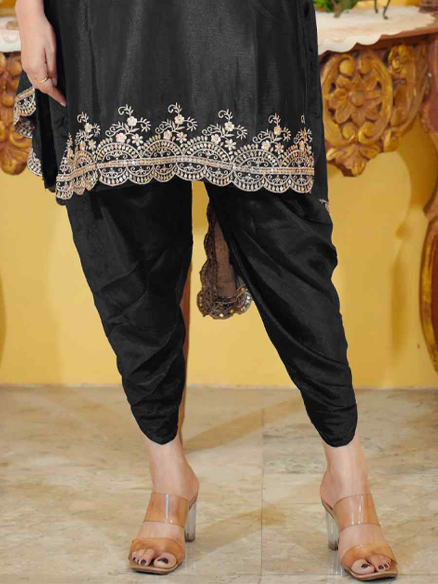 Black Chinon Embroidered Festival Casual Ready Doti Pant Salwar Kameez