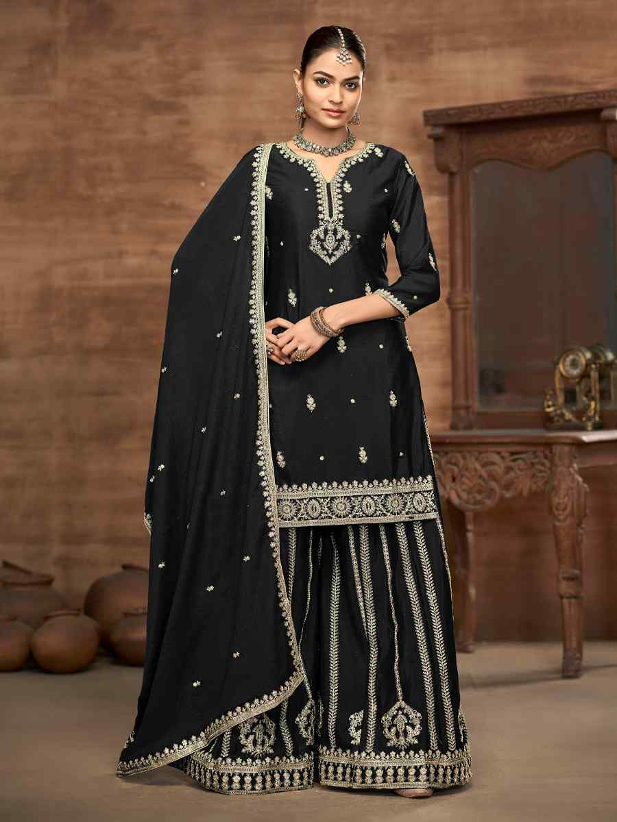 Black Chinon Embroidered Festival Casual Ready Palazzo Salwar Kameez