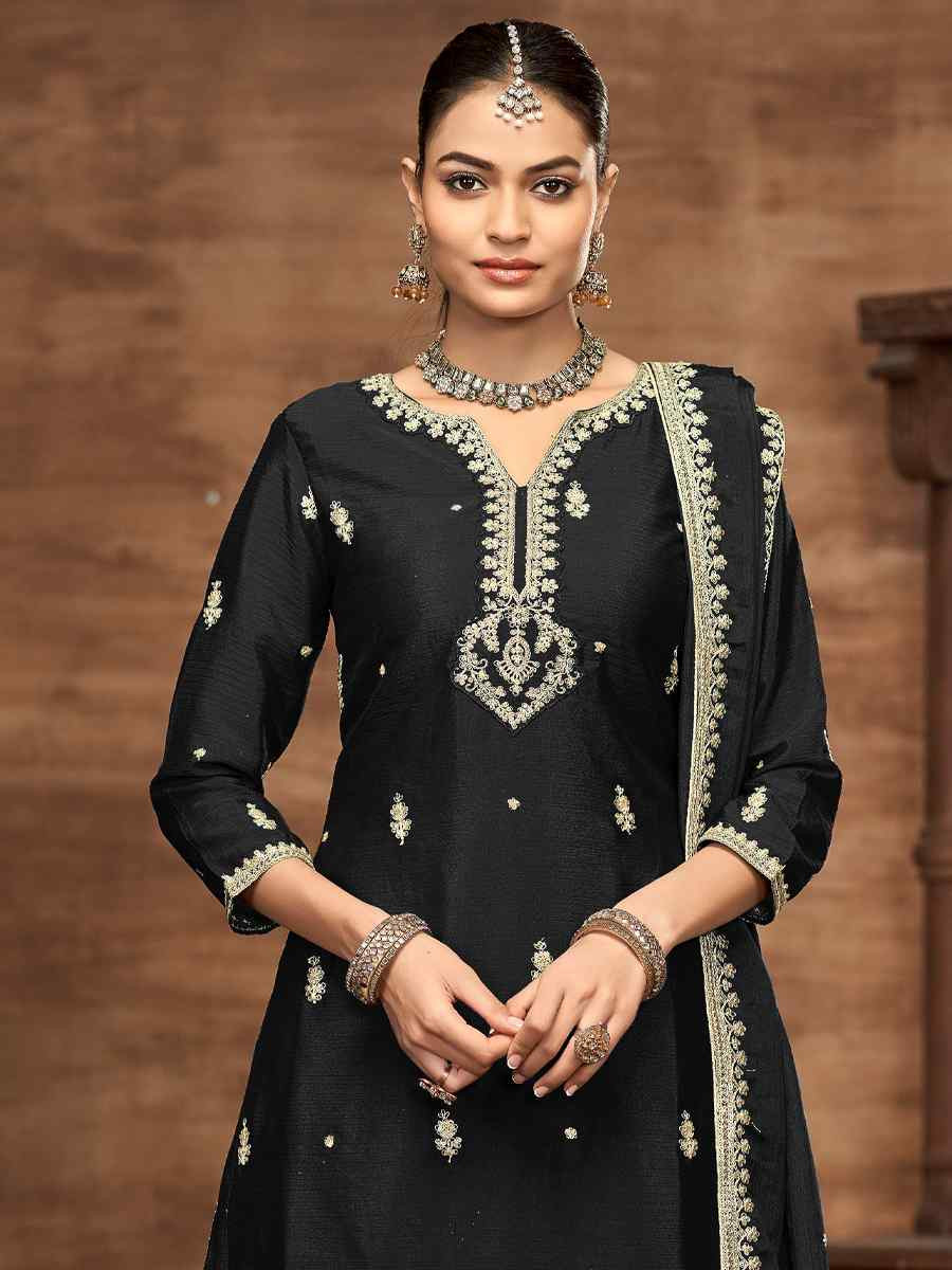 Black Chinon Embroidered Festival Casual Ready Palazzo Salwar Kameez