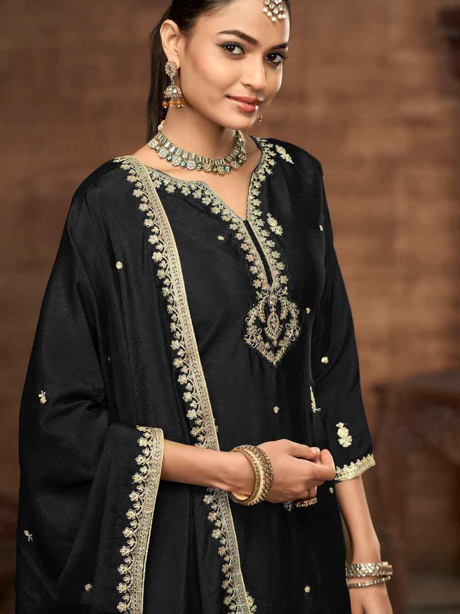 Black Chinon Embroidered Festival Casual Ready Palazzo Salwar Kameez