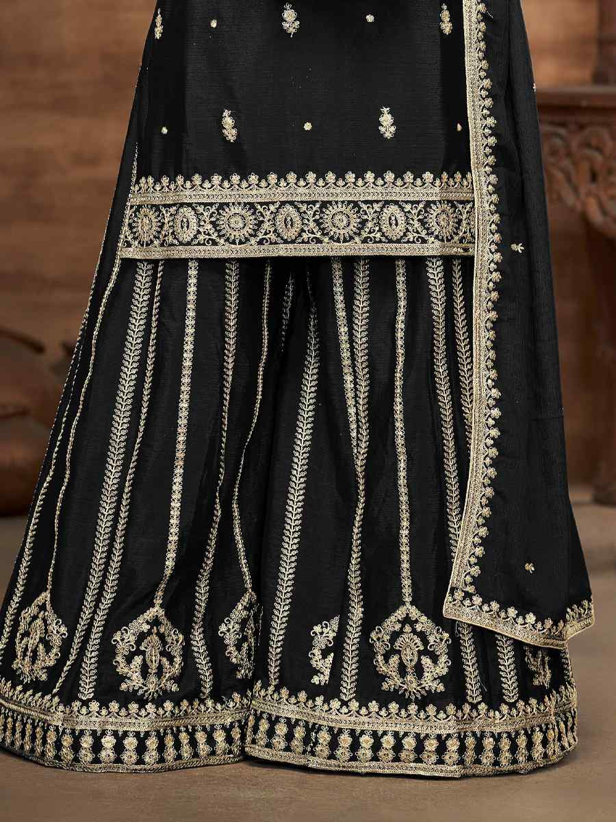 Black Chinon Embroidered Festival Casual Ready Palazzo Salwar Kameez