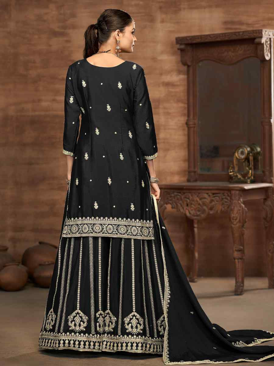 Black Chinon Embroidered Festival Casual Ready Palazzo Salwar Kameez