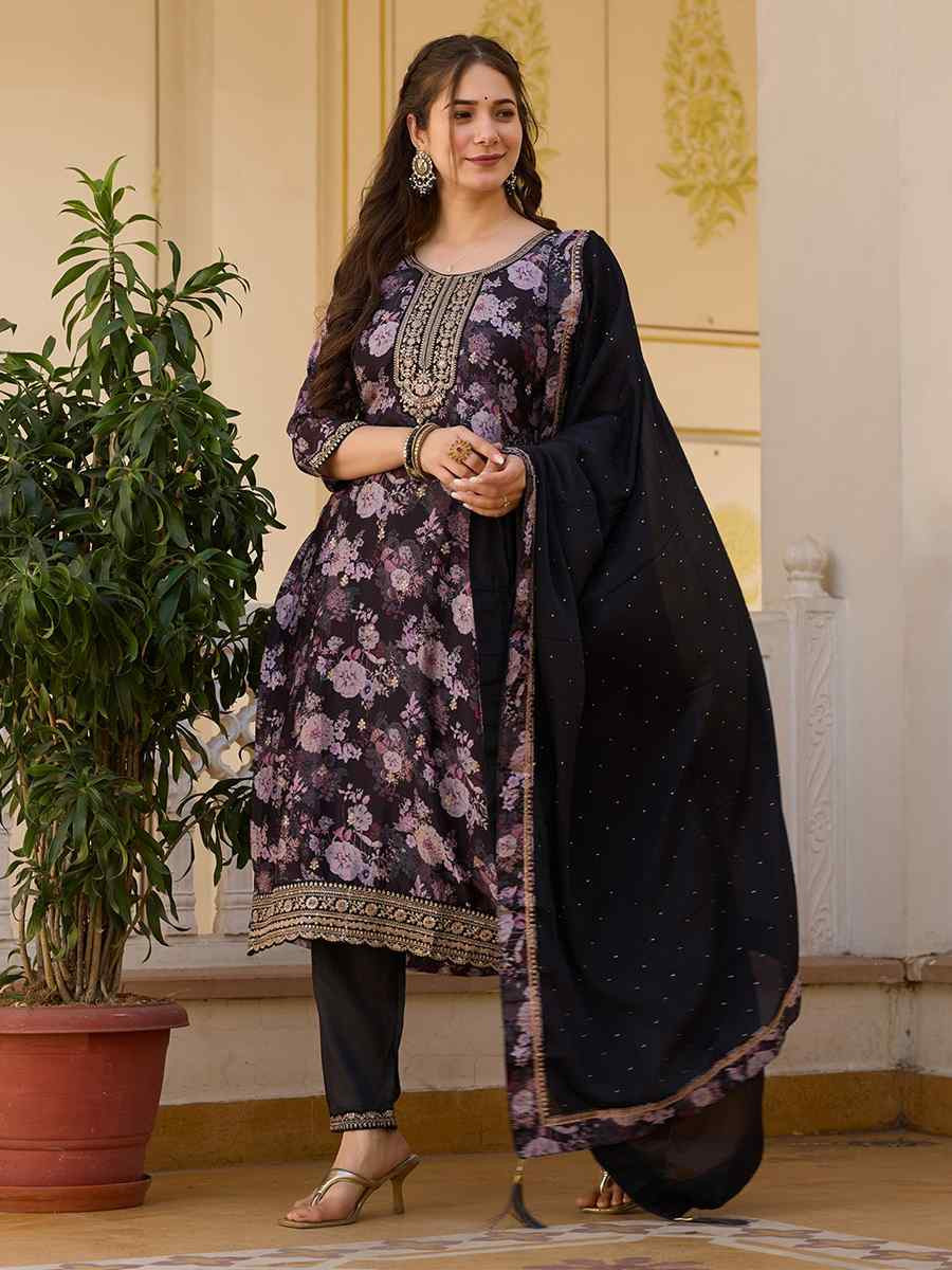 Black Chinon Embroidered Festival Casual Ready Pant Salwar Kameez