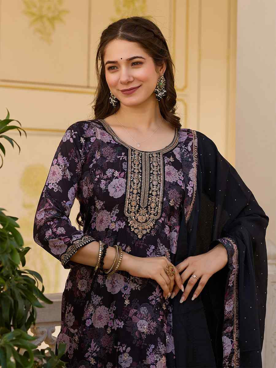 Black Chinon Embroidered Festival Casual Ready Pant Salwar Kameez