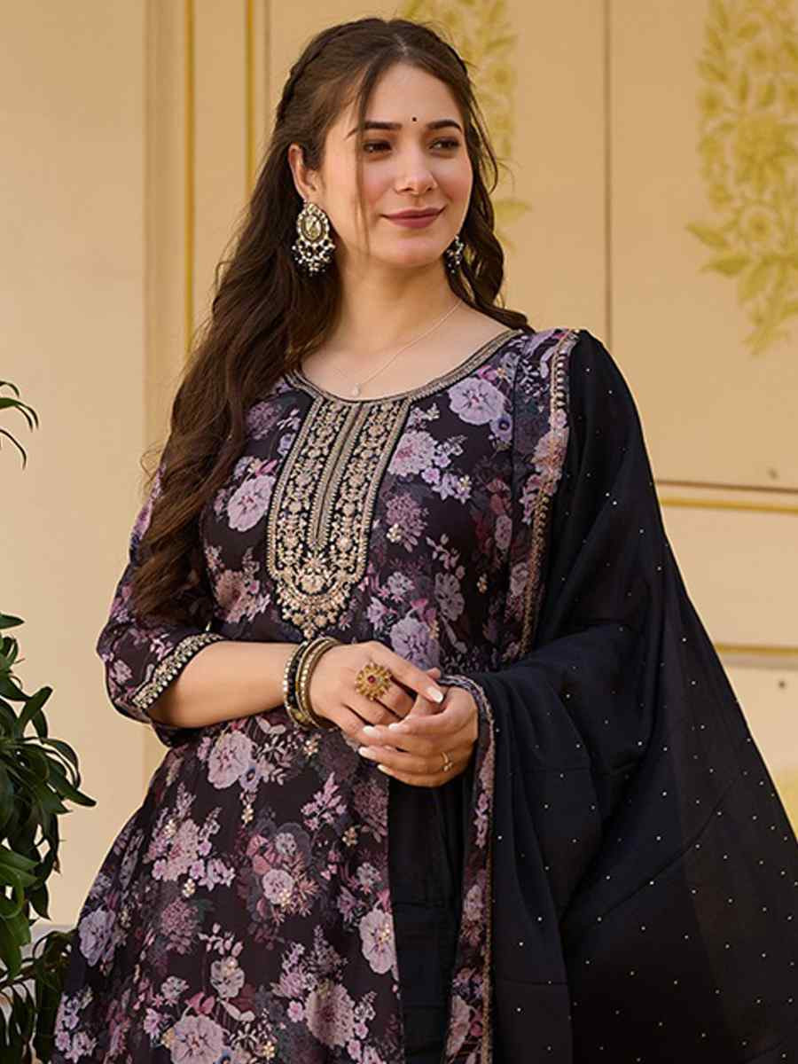 Black Chinon Embroidered Festival Casual Ready Pant Salwar Kameez