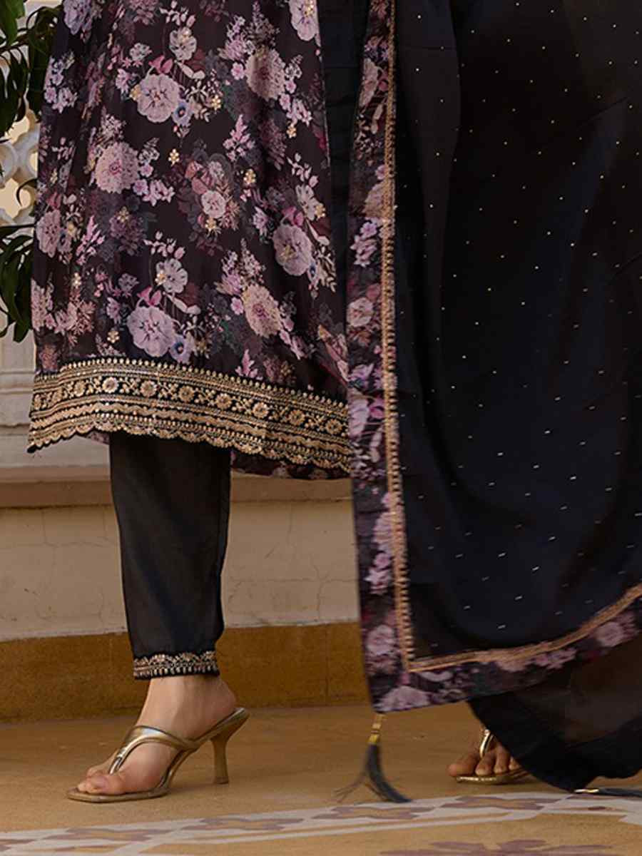 Black Chinon Embroidered Festival Casual Ready Pant Salwar Kameez