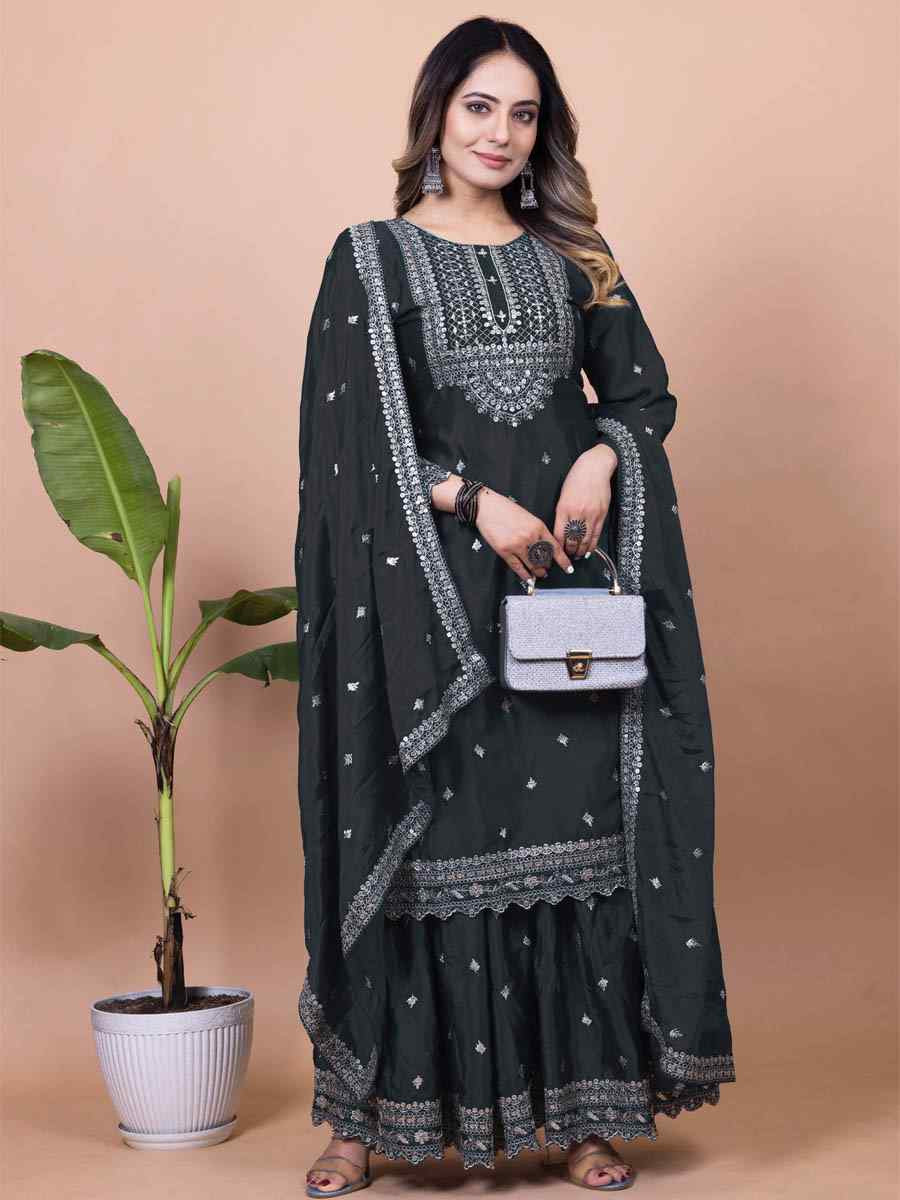 Black Chinon Embroidered Festival Casual Ready Sharara Pant Salwar Kameez