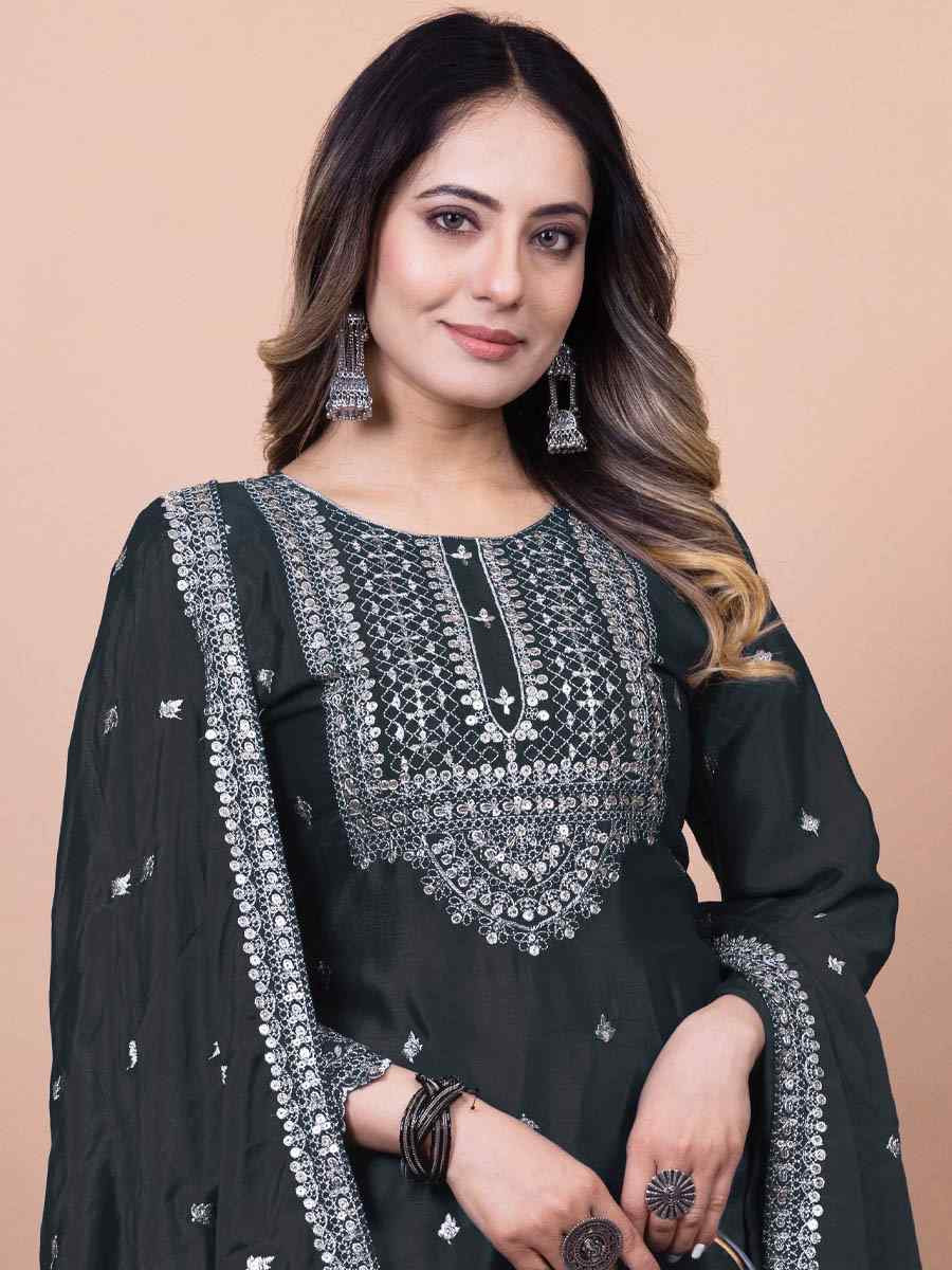 Black Chinon Embroidered Festival Casual Ready Sharara Pant Salwar Kameez