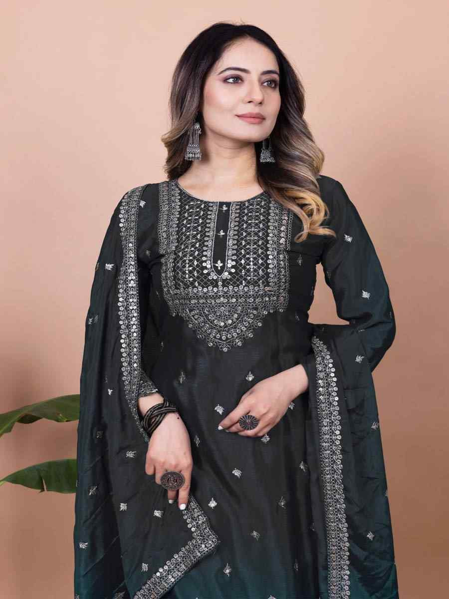 Black Chinon Embroidered Festival Casual Ready Sharara Pant Salwar Kameez