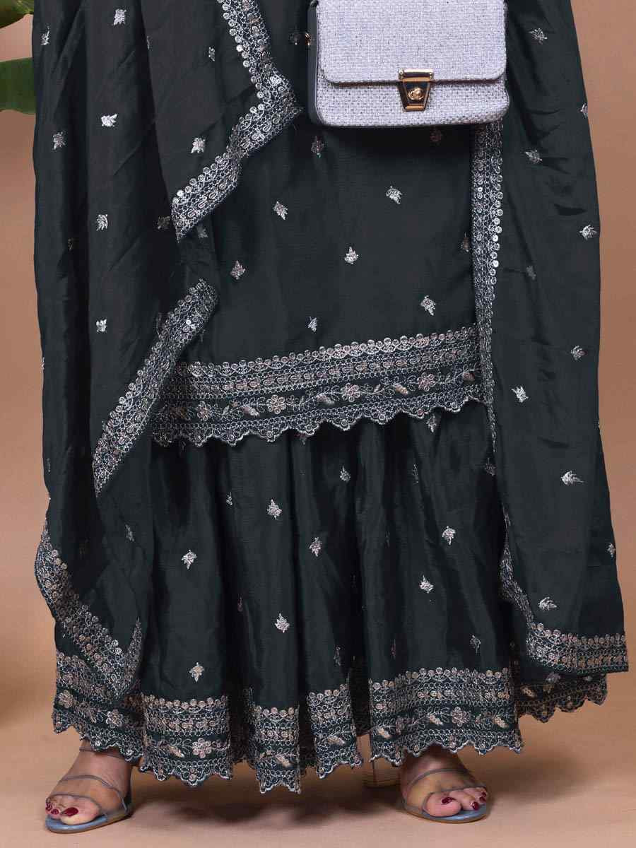 Black Chinon Embroidered Festival Casual Ready Sharara Pant Salwar Kameez