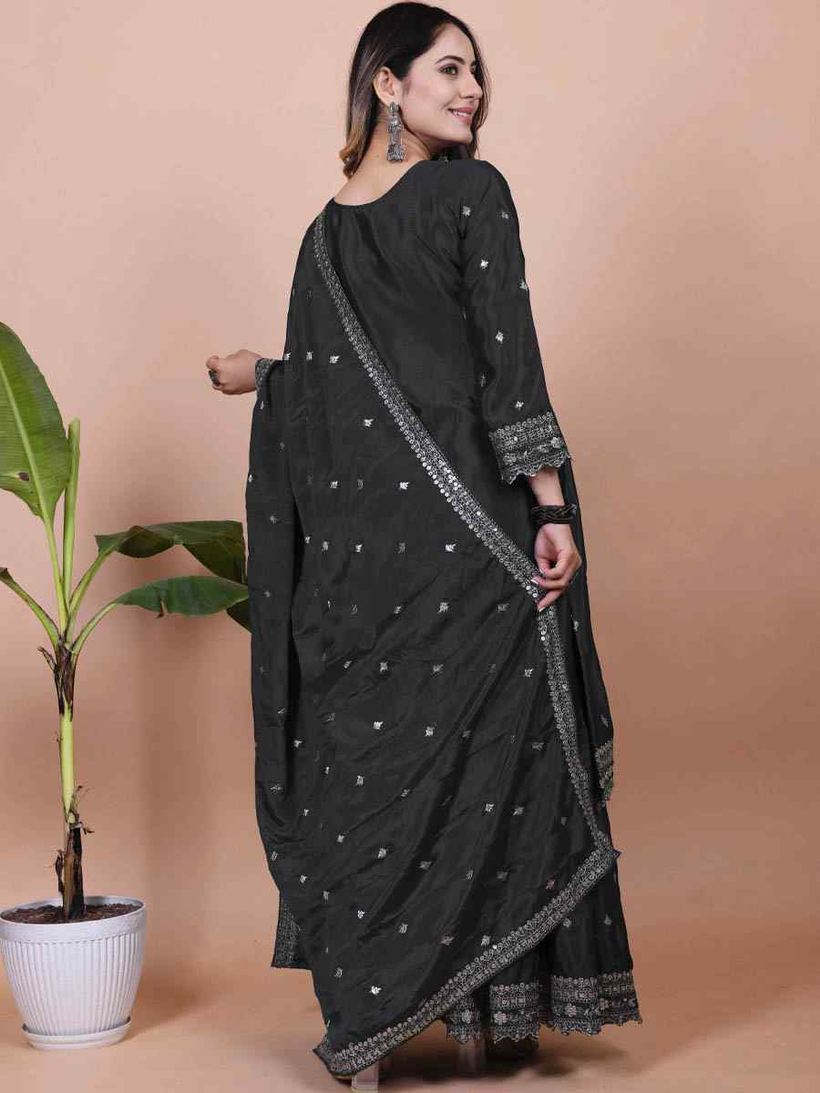 Black Chinon Embroidered Festival Casual Ready Sharara Pant Salwar Kameez