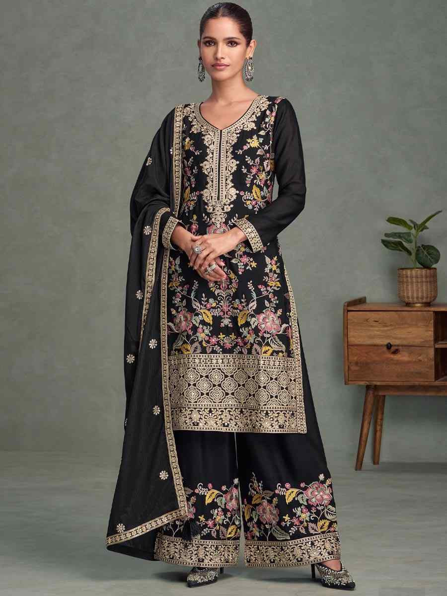 Black Chinon Embroidered Party Wedding Ready Palazzo Pant Salwar Kameez