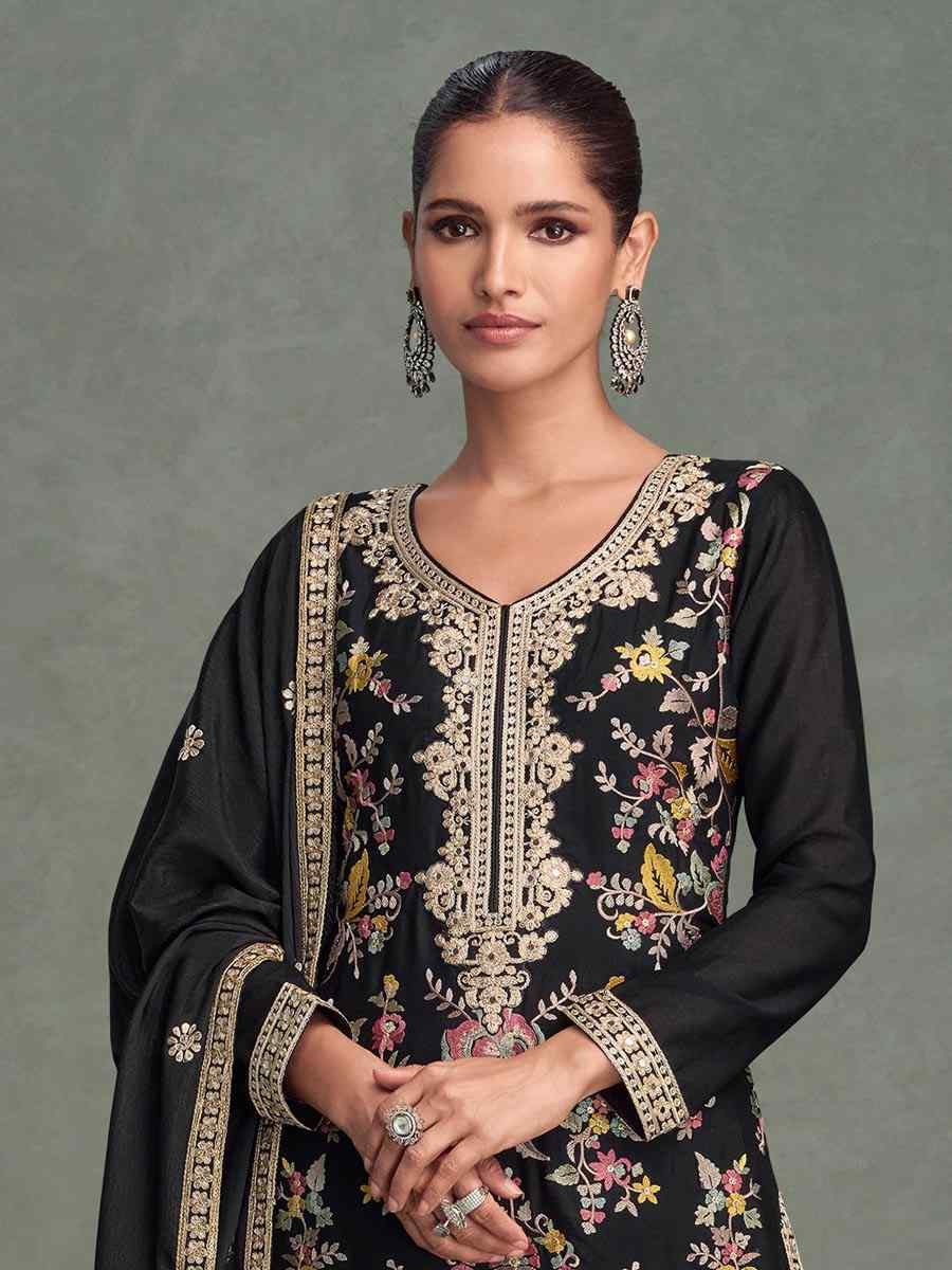 Black Chinon Embroidered Party Wedding Ready Palazzo Pant Salwar Kameez