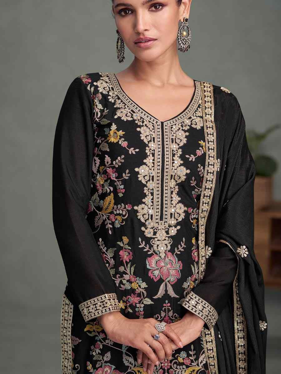 Black Chinon Embroidered Party Wedding Ready Palazzo Pant Salwar Kameez