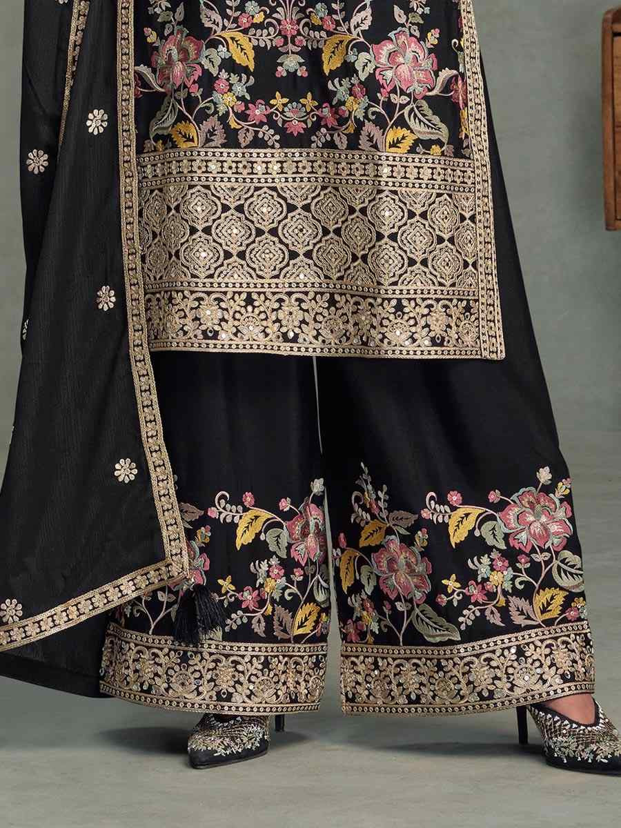 Black Chinon Embroidered Party Wedding Ready Palazzo Pant Salwar Kameez