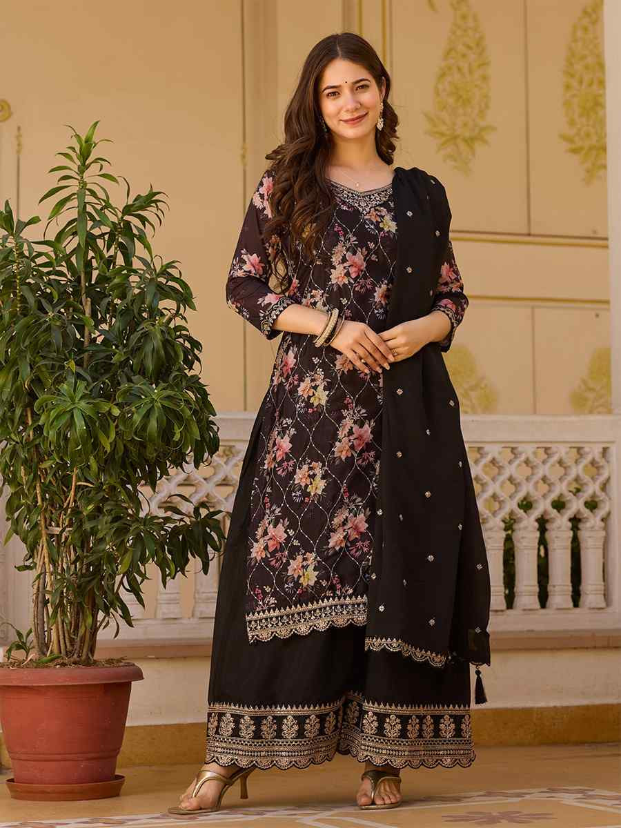 Black Chinon Embroidered Party Wedding Ready Pant Salwar Kameez
