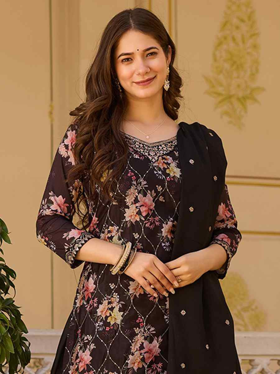 Black Chinon Embroidered Party Wedding Ready Pant Salwar Kameez