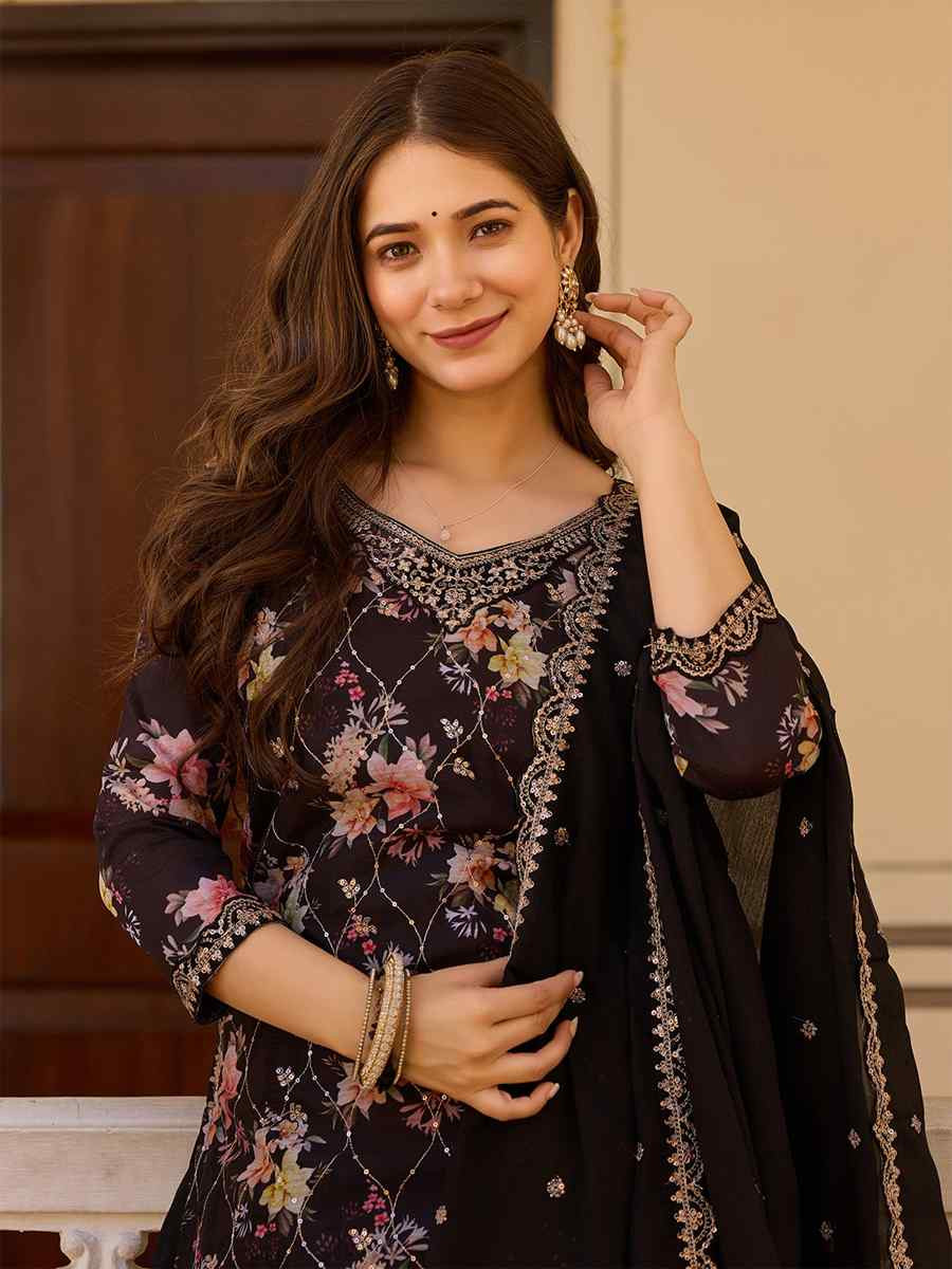 Black Chinon Embroidered Party Wedding Ready Pant Salwar Kameez