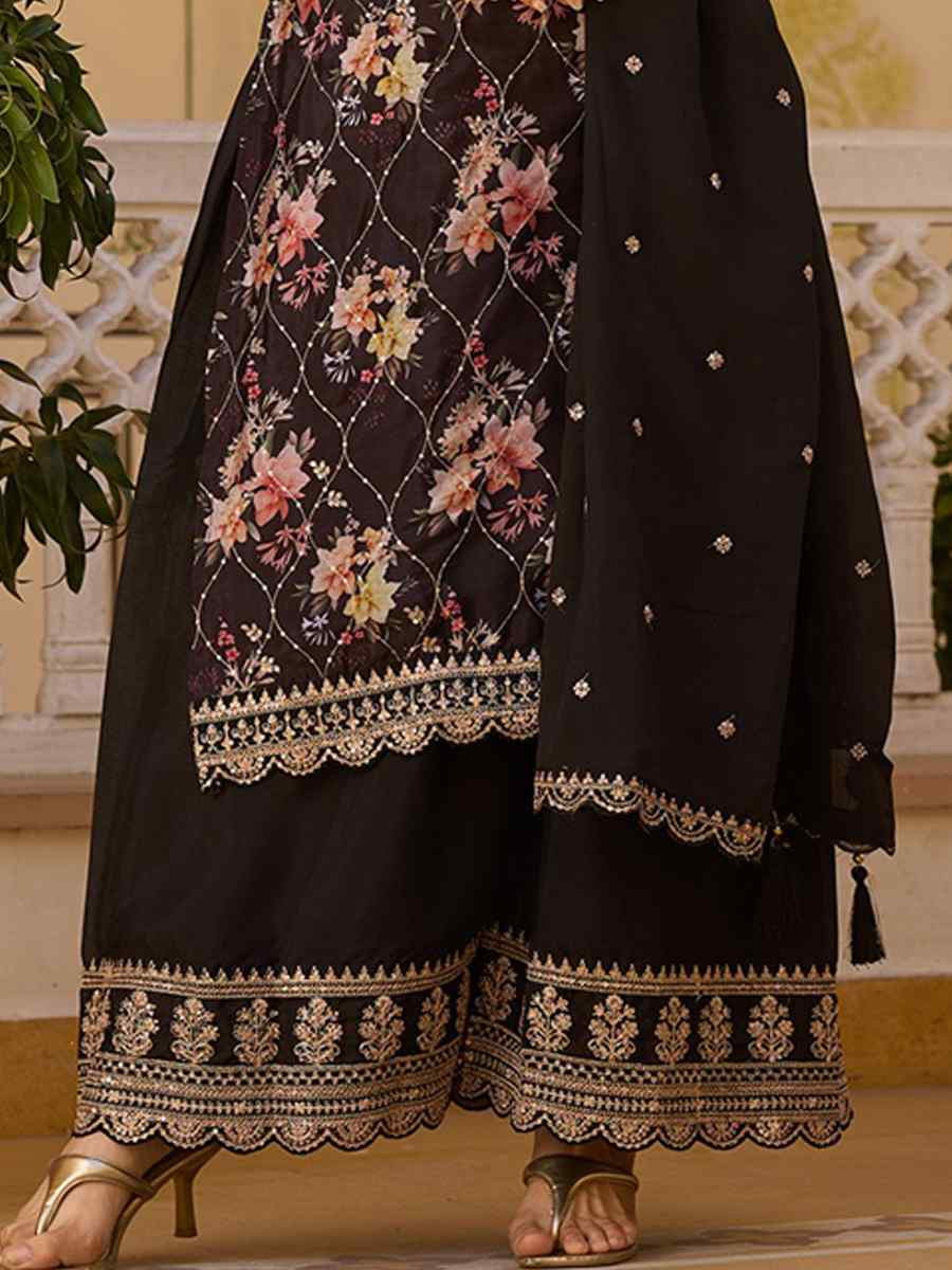 Black Chinon Embroidered Party Wedding Ready Pant Salwar Kameez