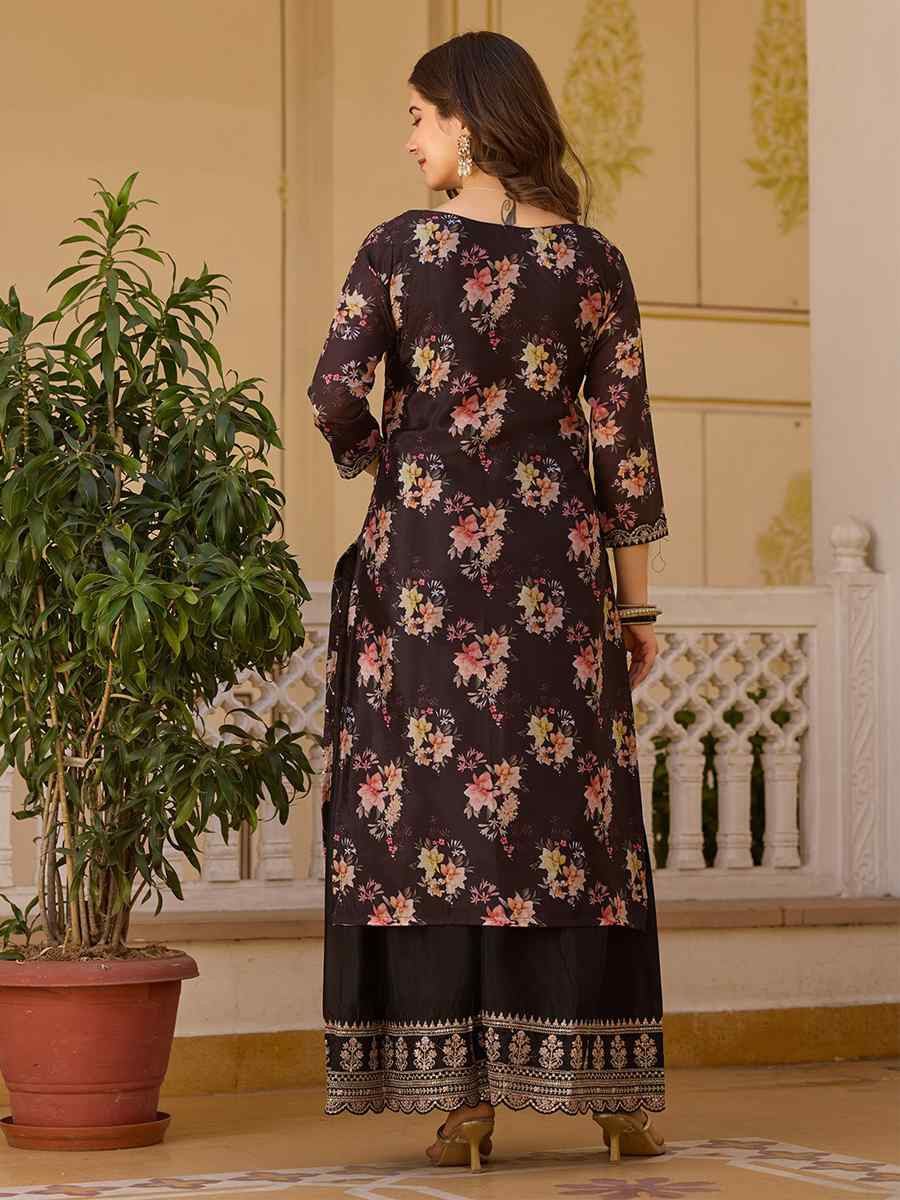 Black Chinon Embroidered Party Wedding Ready Pant Salwar Kameez