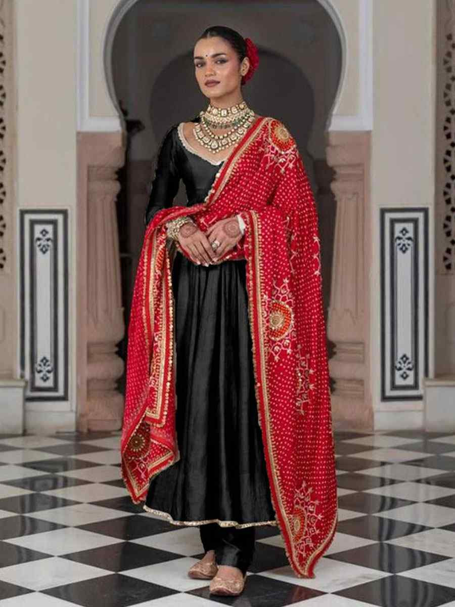 Black Chinon Embroidery Party Wedding Festival Casual Ready Anarkali Salwar Kameez