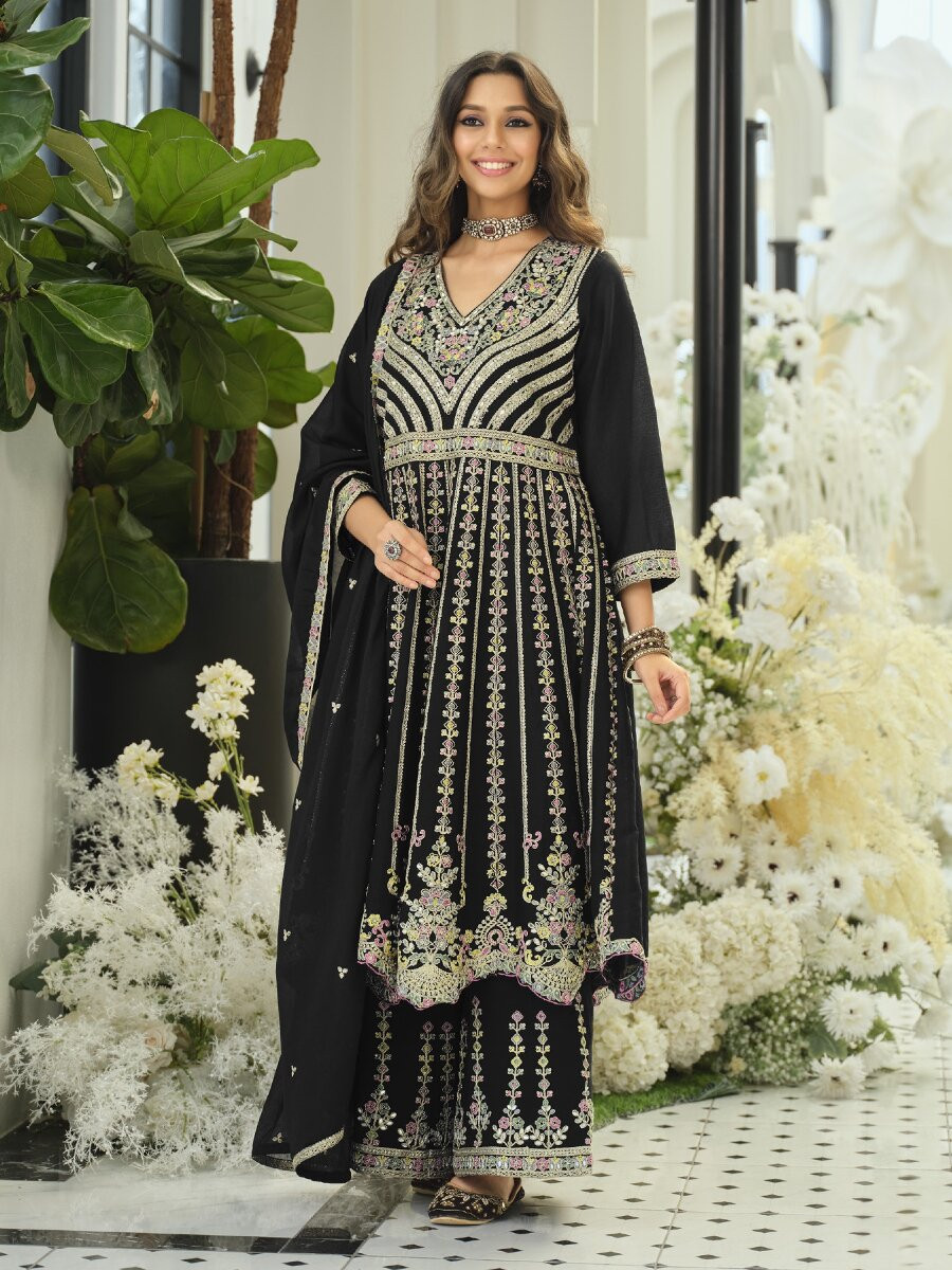 Black Chinon Embroidery Sequins Zari Wedding Party Festival Ready Palazzo Pant Salwar Kameez