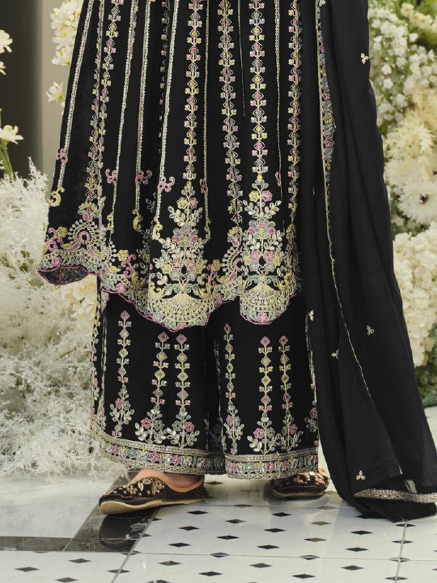 Black Chinon Embroidery Sequins Zari Wedding Party Festival Ready Palazzo Pant Salwar Kameez