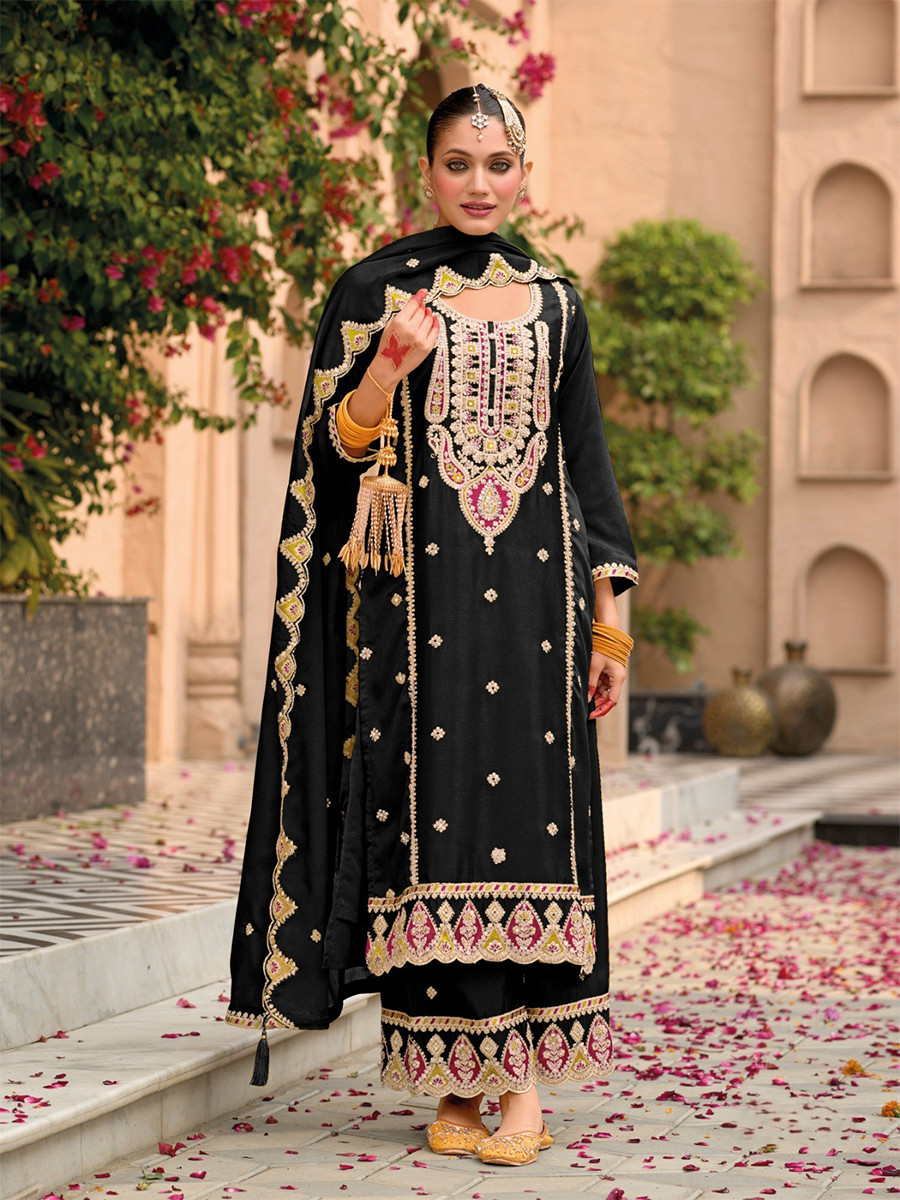 Black Chinon Embroidery Wedding Party Festival Casual Palazzo Pant Salwar Kameez