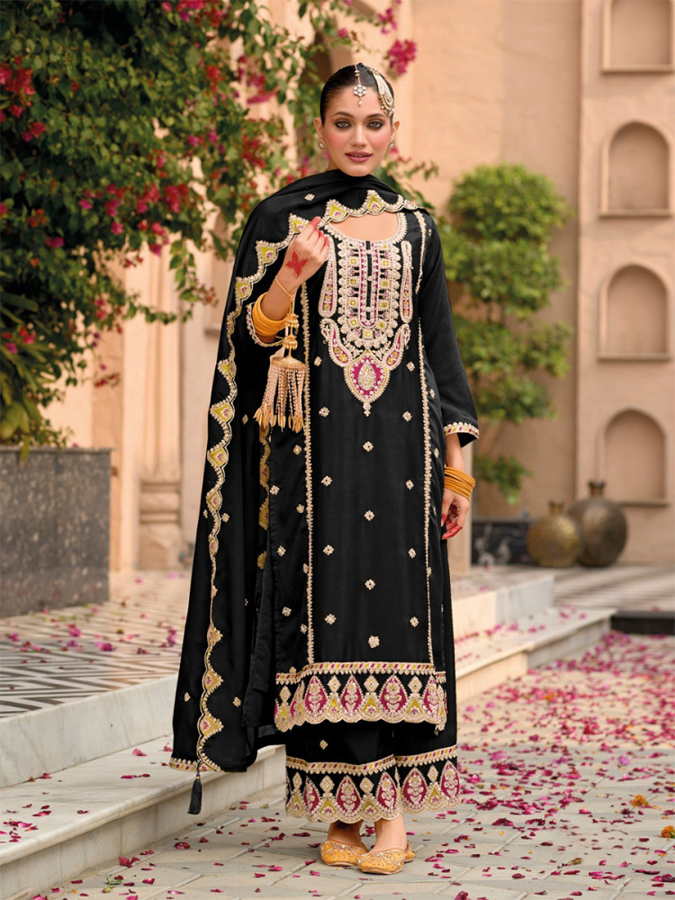Image of Black Chinon Embroidery Wedding Party Festival Casual Palazzo Pant Salwar Kameez