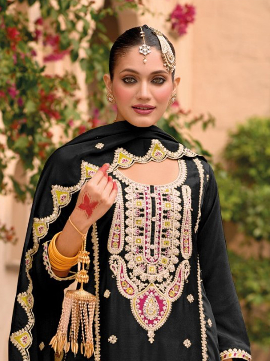 Black Chinon Embroidery Wedding Party Festival Casual Palazzo Pant Salwar Kameez