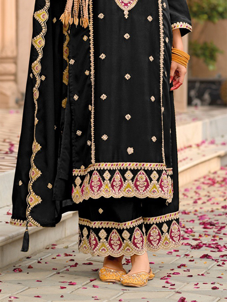 Black Chinon Embroidery Wedding Party Festival Casual Palazzo Pant Salwar Kameez