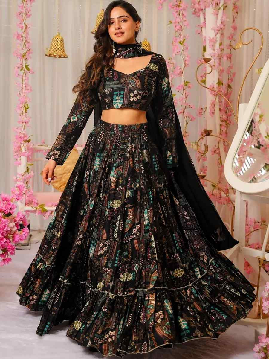 Black Chinon floral Printed Festival Traditional Lehenga Choli