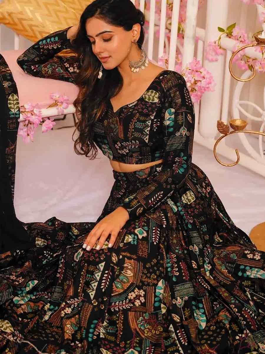 Black Chinon floral Printed Festival Traditional Lehenga Choli
