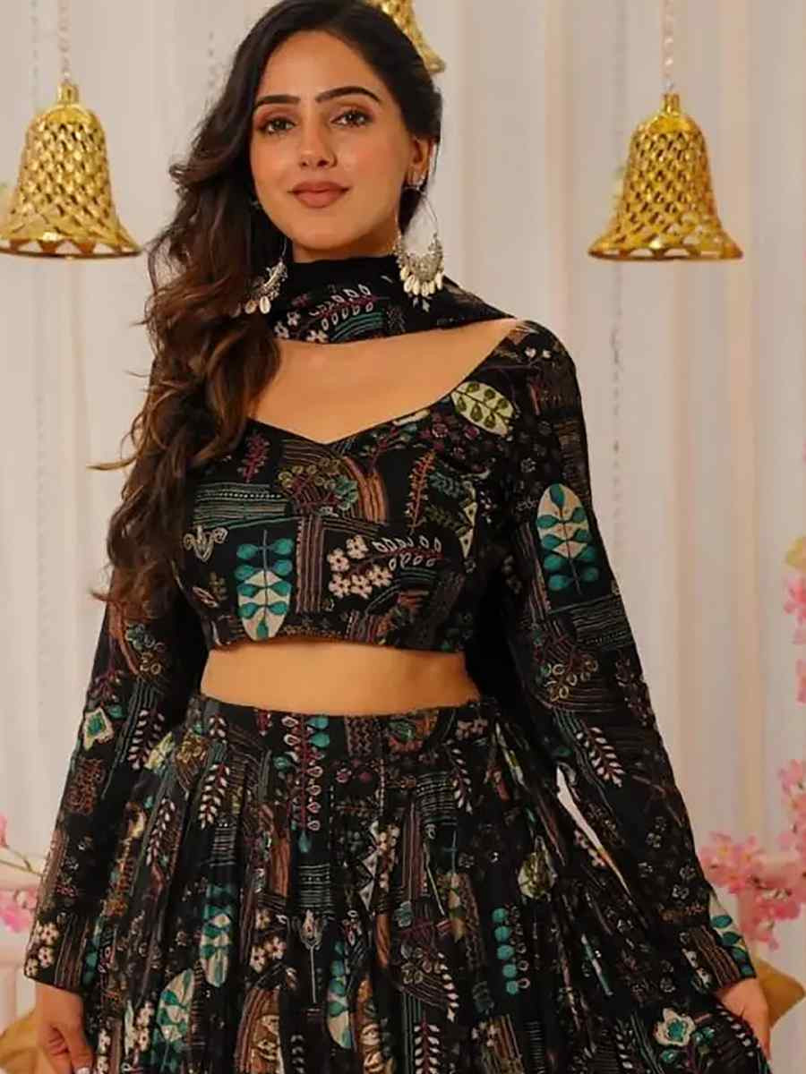 Black Chinon floral Printed Festival Traditional Lehenga Choli