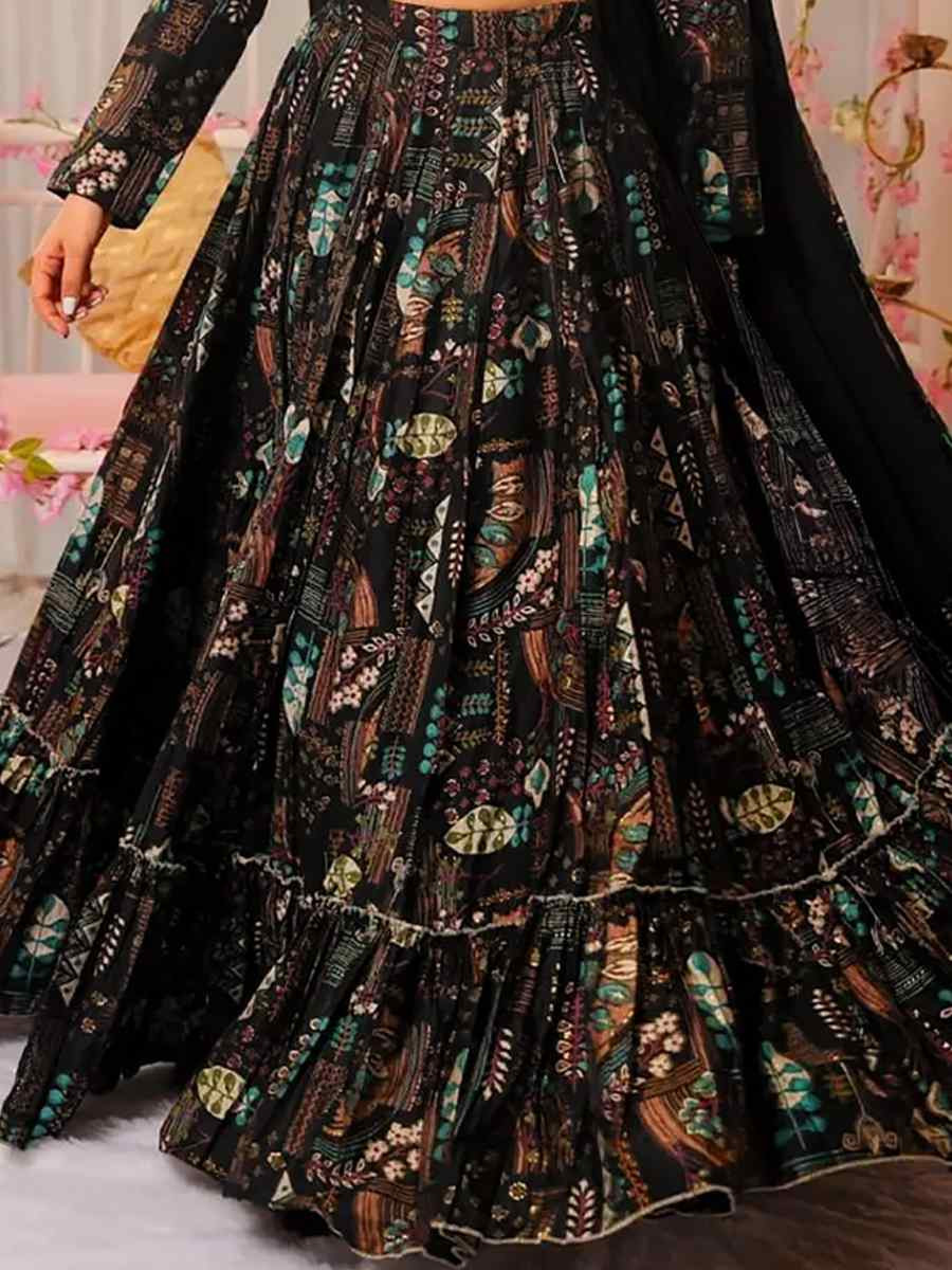 Black Chinon floral Printed Festival Traditional Lehenga Choli