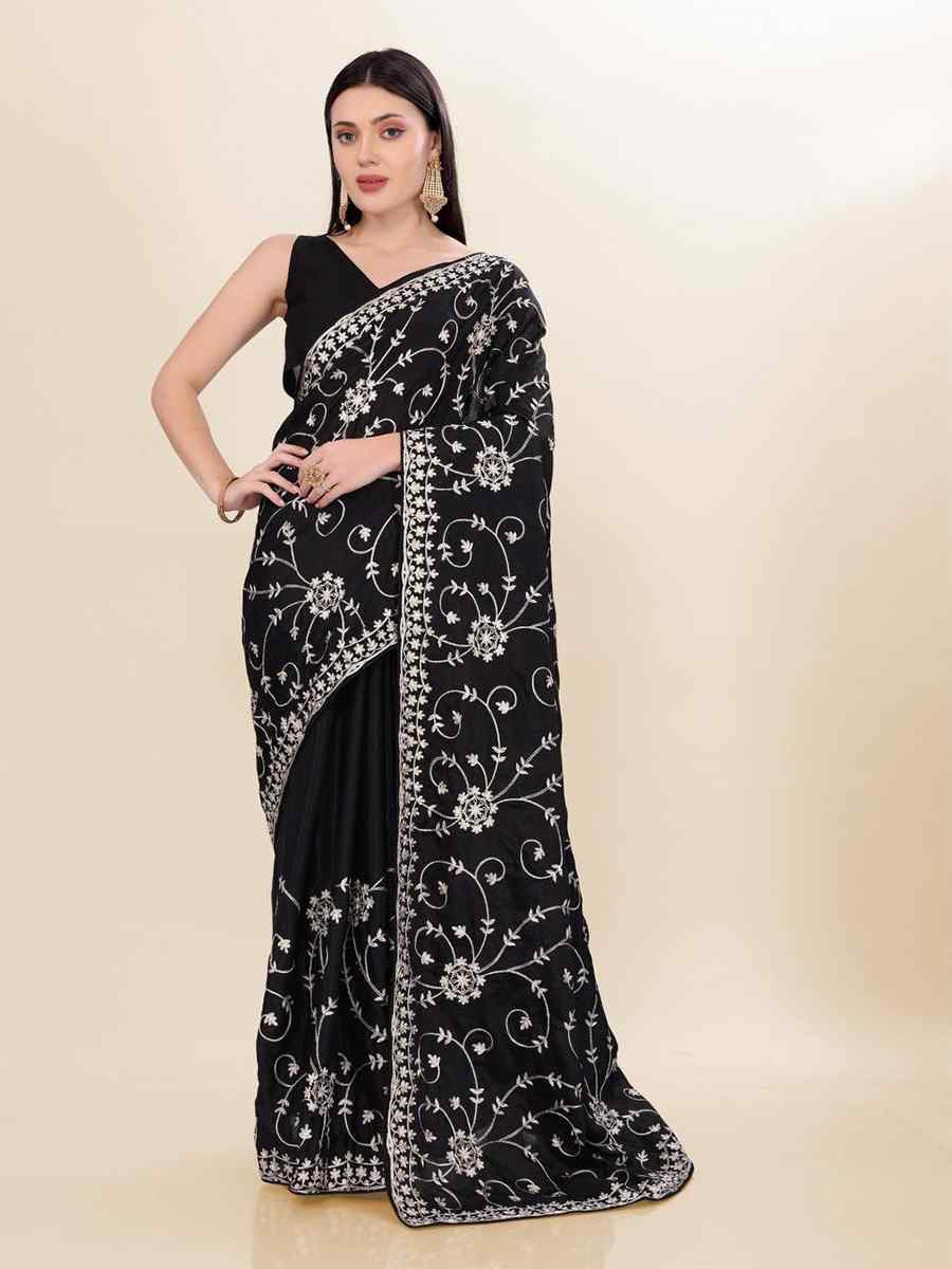 Black Chinon silk Embroidered Festival Wedding Classic Style Saree