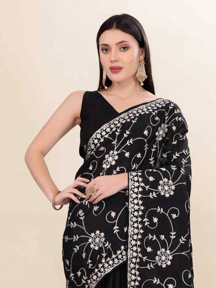 Black Chinon silk Embroidered Festival Wedding Classic Style Saree