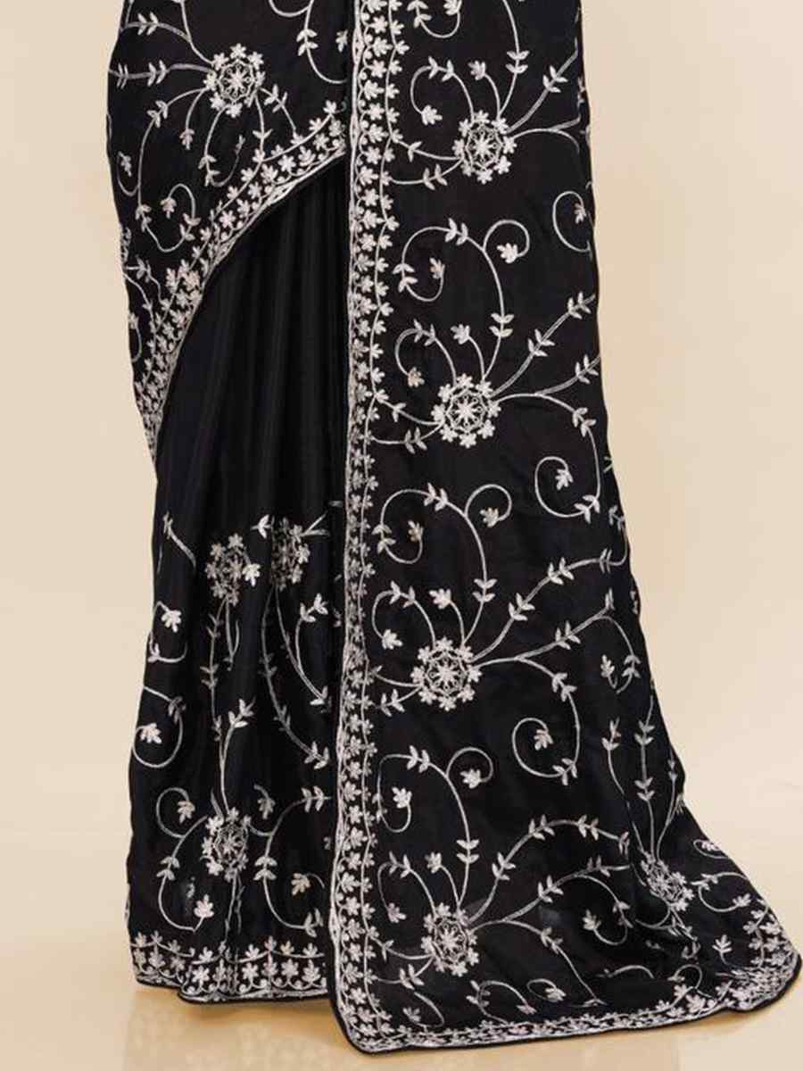 Black Chinon silk Embroidered Festival Wedding Classic Style Saree