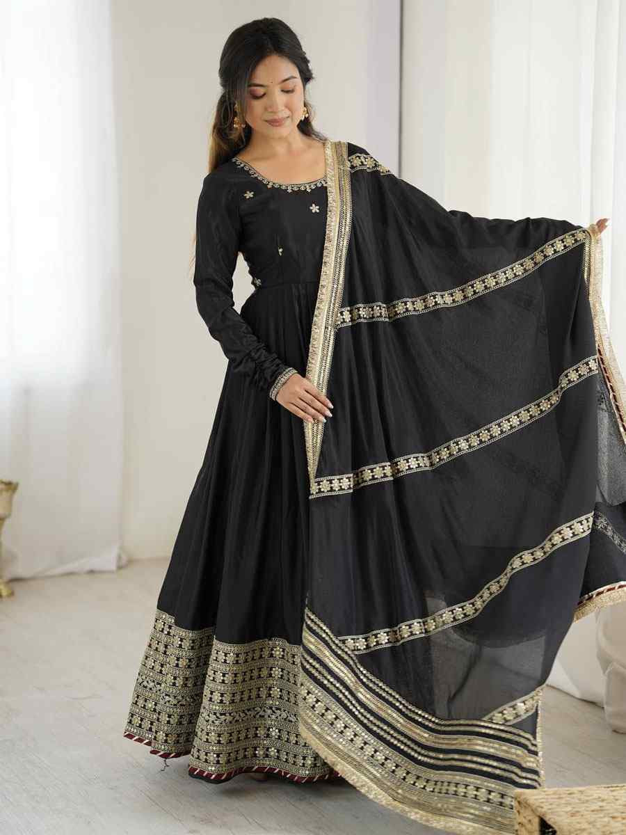 Black Chinon Silk Embroidered Party Casual Ready Anarkali Salwar Kameez