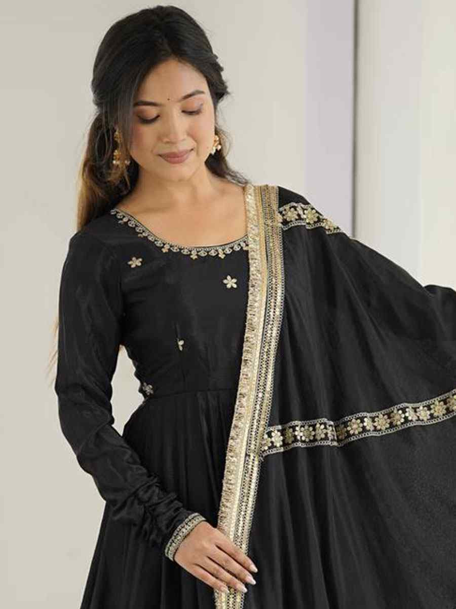 Black Chinon Silk Embroidered Party Casual Ready Anarkali Salwar Kameez