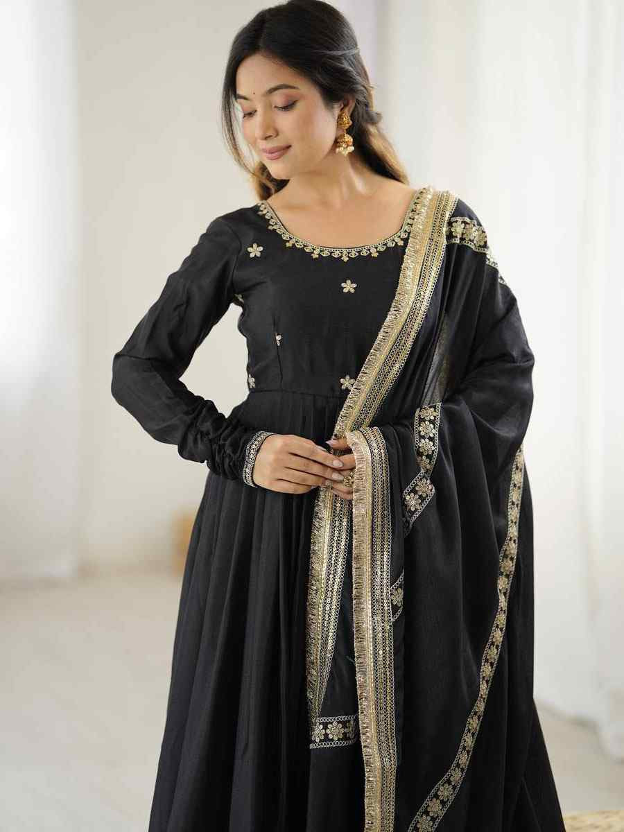 Black Chinon Silk Embroidered Party Casual Ready Anarkali Salwar Kameez