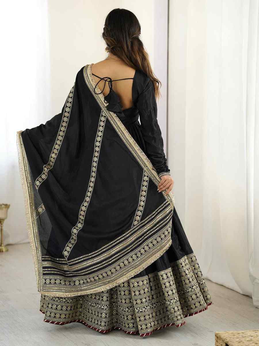 Black Chinon Silk Embroidered Party Casual Ready Anarkali Salwar Kameez